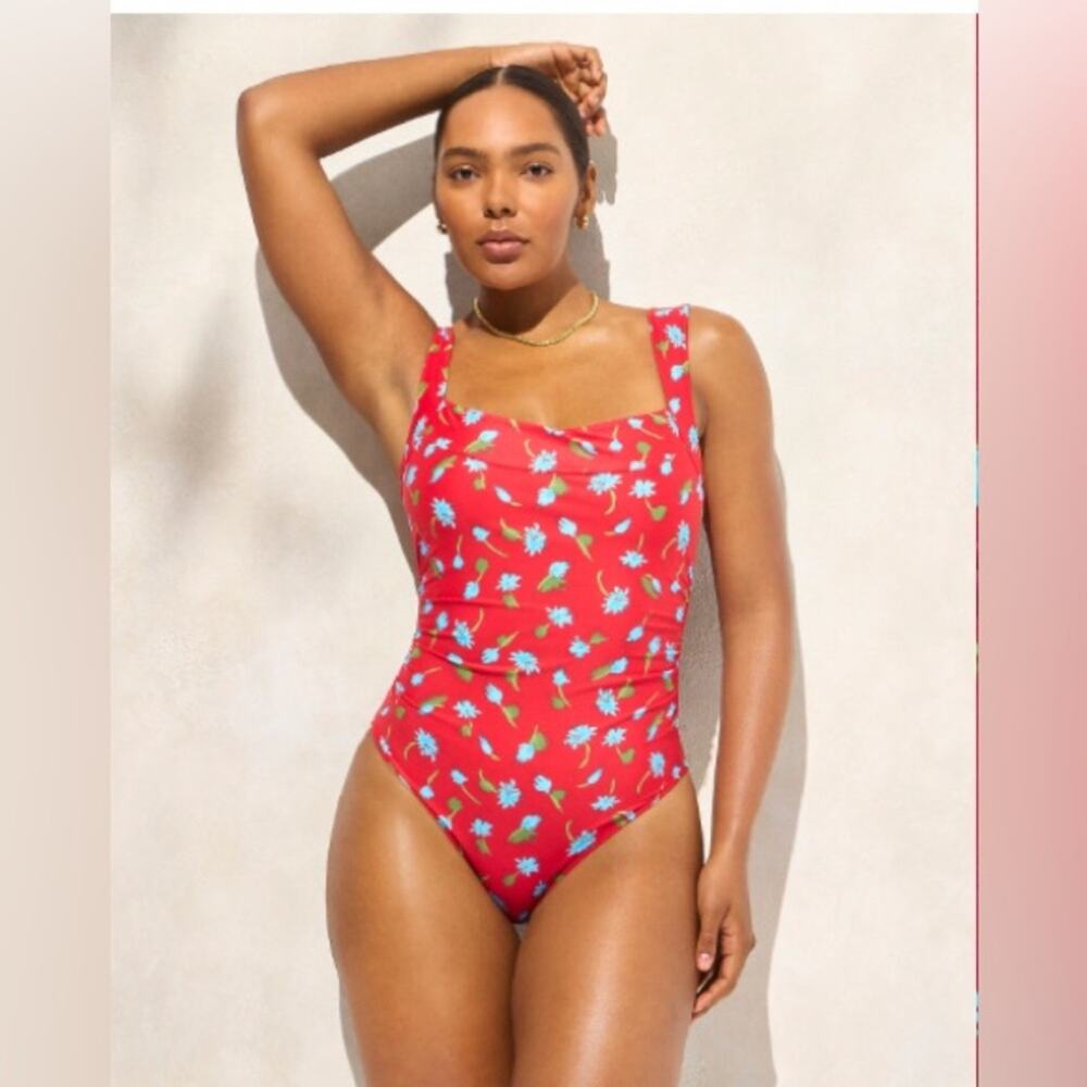Nwt j crew Nia ruched squareneck one-piece red multi brushed daisy print 16